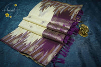 IWS8001 Off-White and Purple Banarasi semi cotton saree with Arrow-shaped Buttas.