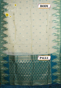 IWS8002 Off-White and Teal Blue Banarasi semi cotton saree with Arrow-shaped Buttas.