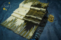 IWS8003 Off-White and dark olive Banarasi semi cotton saree with Arrow-shaped Buttas.