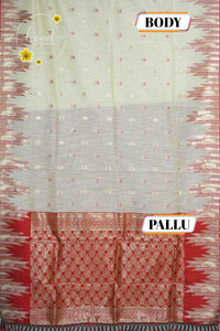 IWS8004 Off-White and red Banarasi semi cotton saree with Arrow-shaped Buttas.