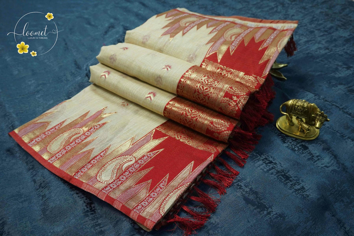 IWS8004 Off-White and red Banarasi semi cotton saree with Arrow-shaped Buttas.