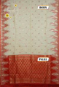 IWS8005 Off-White and red Banarasi semi cotton saree with Arrow-shaped Buttas.