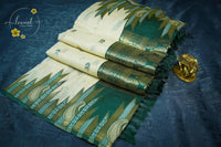 IWS8006 Off-White and green Banarasi semi cotton saree with  Arrow-shaped Buttas.