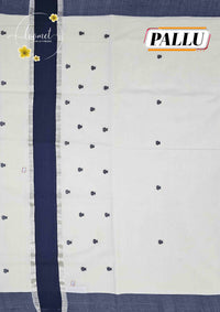 KAS2311 Off-White Balaramapuram Handloom saree with navy blue & grey borders and silver zari accents.