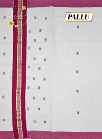 KAS2312 Off-White Balaramapuram Handloom saree with magenta, crimson borders and golden zari accents.