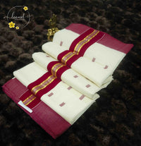 KAS2312 Off-White Balaramapuram Handloom saree with magenta, crimson borders and golden zari accents.