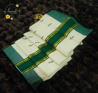 KAS2313 Off-White Balaramapuram Handloom saree with Green and Gold Borders.