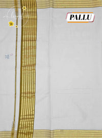 KAS2411 Off-White Balaramapuram Handloom saree with multi-line golden zari border.