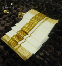 KAS2411 Off-White Balaramapuram Handloom saree with multi-line golden zari border.