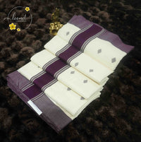KAS2511 Off-White Balaramapuram Handloom saree with deep plum & mauve borders and woven diamond buttas.