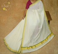KAS2611 Off-White Balaramapuram Handloom saree with olive green and gold borders.