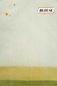 KAS2611 Off-White Balaramapuram Handloom saree with olive green and gold borders.