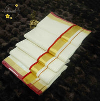 KAS2612 Off-White Balaramapuram Handloom saree with rich red accent and golden kasavu border.