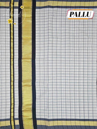 KAS2711 Off-White Balaramapuram Handloom saree with black grid checks, bold charcoal border, and rich golden kasavu.