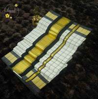 KAS2711 Off-White Balaramapuram Handloom saree with black grid checks, bold charcoal border, and rich golden kasavu.