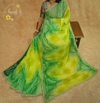 KST6143 Lemon Lime & Leaf Green Georgette saree with Marble-Effect Tie-Dye.