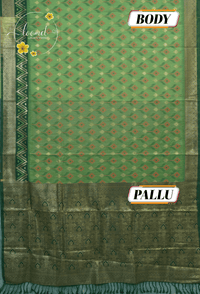 KST7133 Leaf Green Pochampally Silk-Cotton saree featuring ikat-style buttas.