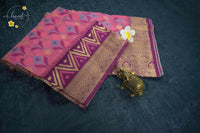 KST7134 Rose Pink Pochampally Silk-Cotton saree featuring ikat-style buttas.