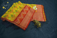 KST7135 Yellow Pochampally Silk-Cotton saree featuring ikat-style buttas.