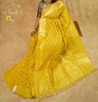 KST7142 Mustard Yellow & Bright Gold Cotton saree with multi-color floral buttis.