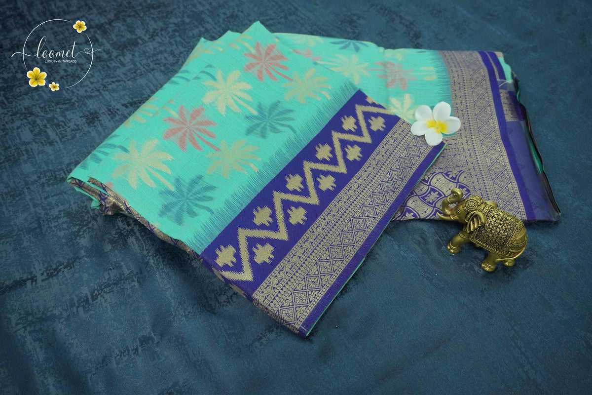 KST7191 Aqua Seafoam Pochampally Silk-Cotton saree featuring Coconut Tree Motifs.