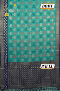 KST7191 Aqua Seafoam Pochampally Silk-Cotton saree featuring Coconut Tree Motifs.