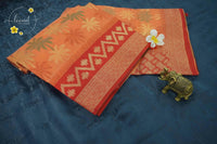 KST7192 Orange Pochampally Silk-Cotton saree featuring Coconut Tree Motifs.