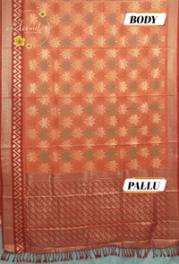 KST7192 Orange Pochampally Silk-Cotton saree featuring Coconut Tree Motifs.