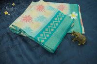 KST7193 Off-White Pochampally Silk-Cotton saree featuring Coconut Tree Motifs.