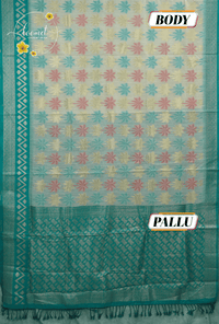 KST7193 Off-White Pochampally Silk-Cotton saree featuring Coconut Tree Motifs.