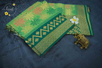 KST7194 Green Pochampally Silk-Cotton saree featuring Coconut Tree Motifs.