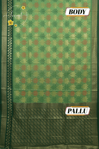 KST7194 Green Pochampally Silk-Cotton saree featuring Coconut Tree Motifs.