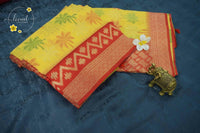 KST7195 Yellow Pochampally Silk-Cotton saree featuring Coconut Tree Motifs.