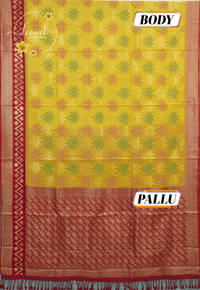 KST7195 Yellow Pochampally Silk-Cotton saree featuring Coconut Tree Motifs.
