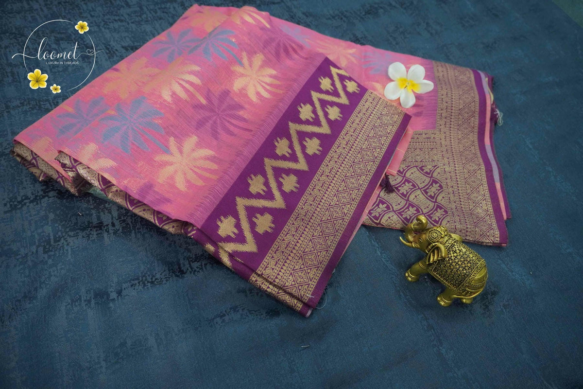 KST7196 Rose Pink Pochampally Silk-Cotton saree featuring Coconut Tree Motifs.