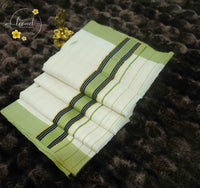 KTB3021 Off-White Balaramapuram Handloom saree with sage green & black striped border and gold zari accents