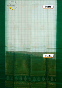 LSK6112 White and emerald green silk saree with a fine green check pattern with gold zari