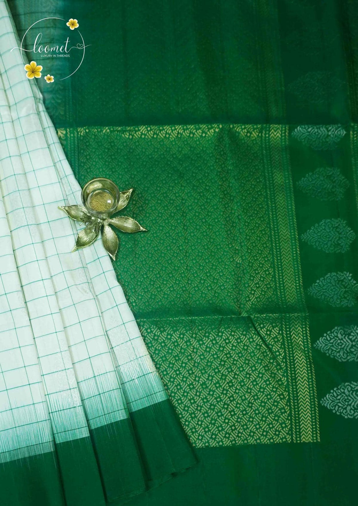 LSK6112 White and emerald green silk saree with a fine green check pattern with gold zari