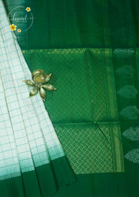 LSK6112 White and emerald green silk saree with a fine green check pattern with gold zari
