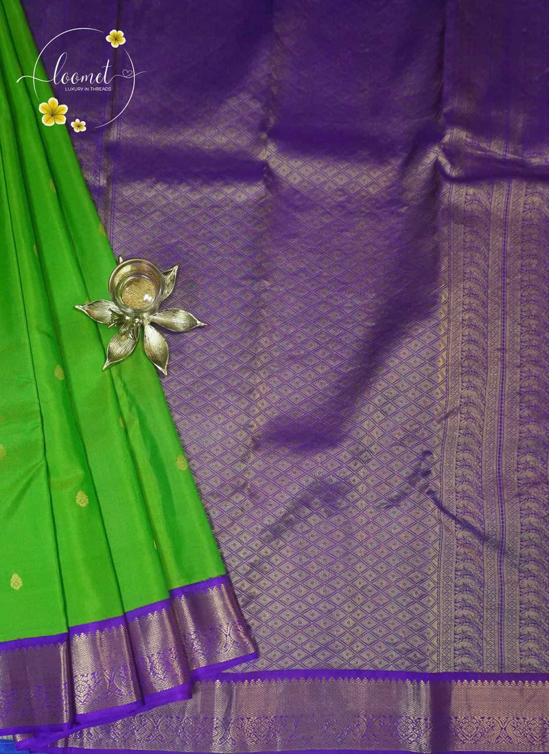 LSK6114 Lime Green silk saree with contrasting purple borders and pallu.