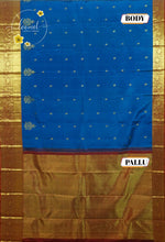 LSK6115 Royal Blue silk saree with gold motifs contrasted by a maroon pallu and border with golden zari.