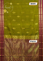 LSK6116 Olive green silk saree with contrasting maroon borders and pallu, densely woven with intricate gold zari patterns.