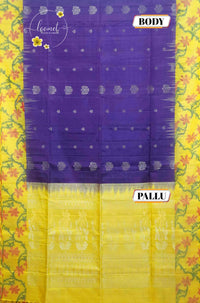 LSK6120 Royal purple and lemon-yellow silk saree with white floral motifs, dramatically contrasted by a yellow pallu featuring bold floral brocade.