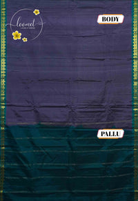LSK6124 Royal purple and deep teal silk saree and a richly woven teal pallu with fine horizontal bands densely woven with fine antique gold vertical stripes.