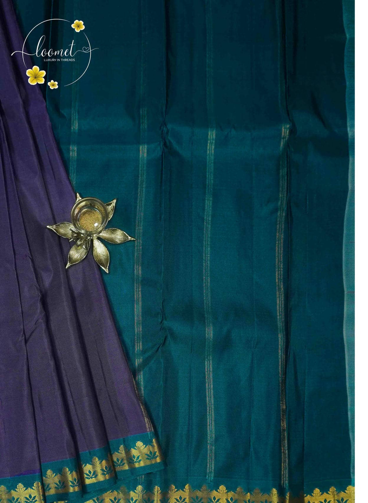 LSK6124 Royal purple and deep teal silk saree and a richly woven teal pallu with fine horizontal bands densely woven with fine antique gold vertical stripes.
