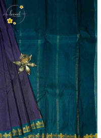 LSK6124 Royal purple and deep teal silk saree and a richly woven teal pallu with fine horizontal bands densely woven with fine antique gold vertical stripes.