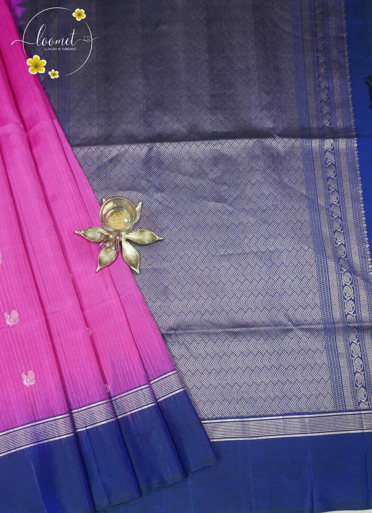 LSK6125 Rani Pink and Navy Blue contrast silk saree with gold geometric patterns on pallu.