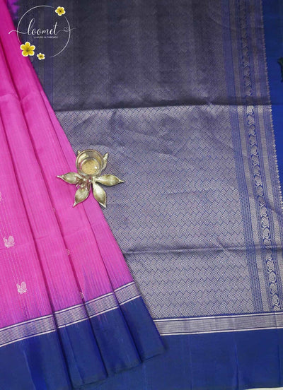 LSK6125 Rani Pink and Navy Blue contrast silk saree with gold geometric patterns on pallu.