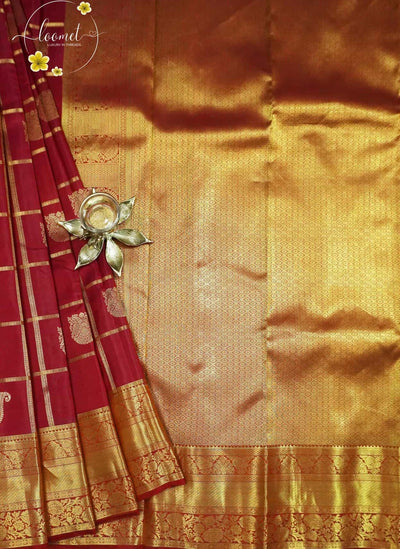 LSK6126 Crimson Red silk saree with golden checks and buttas & rich golden zari on pallu and border.