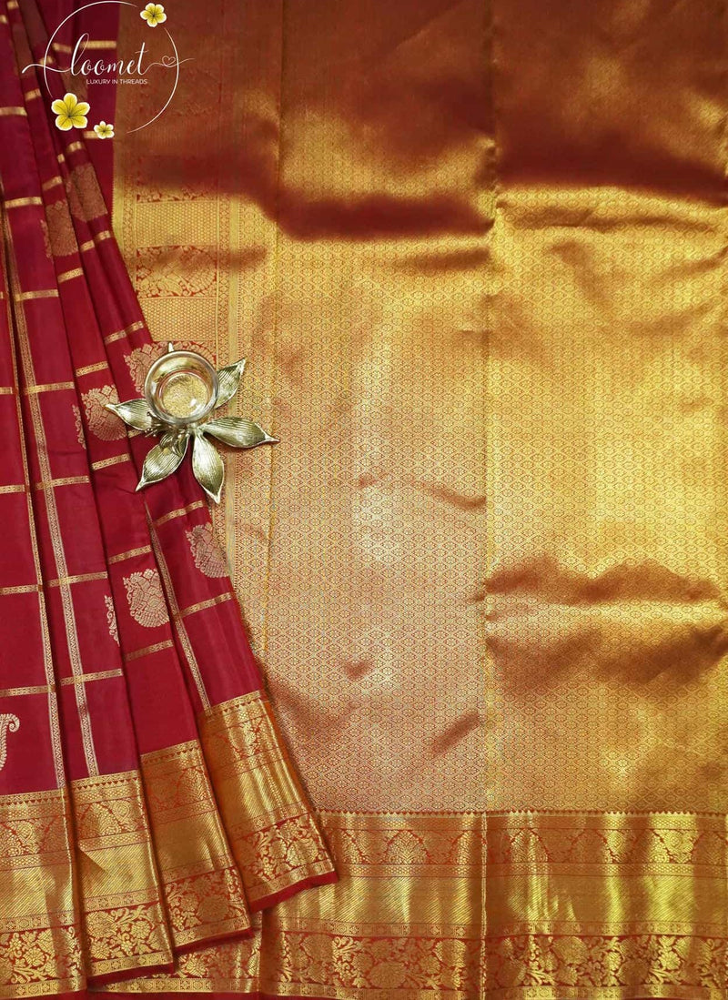 LSK6126 Crimson Red silk saree with golden checks and buttas & rich golden zari on pallu and border.
